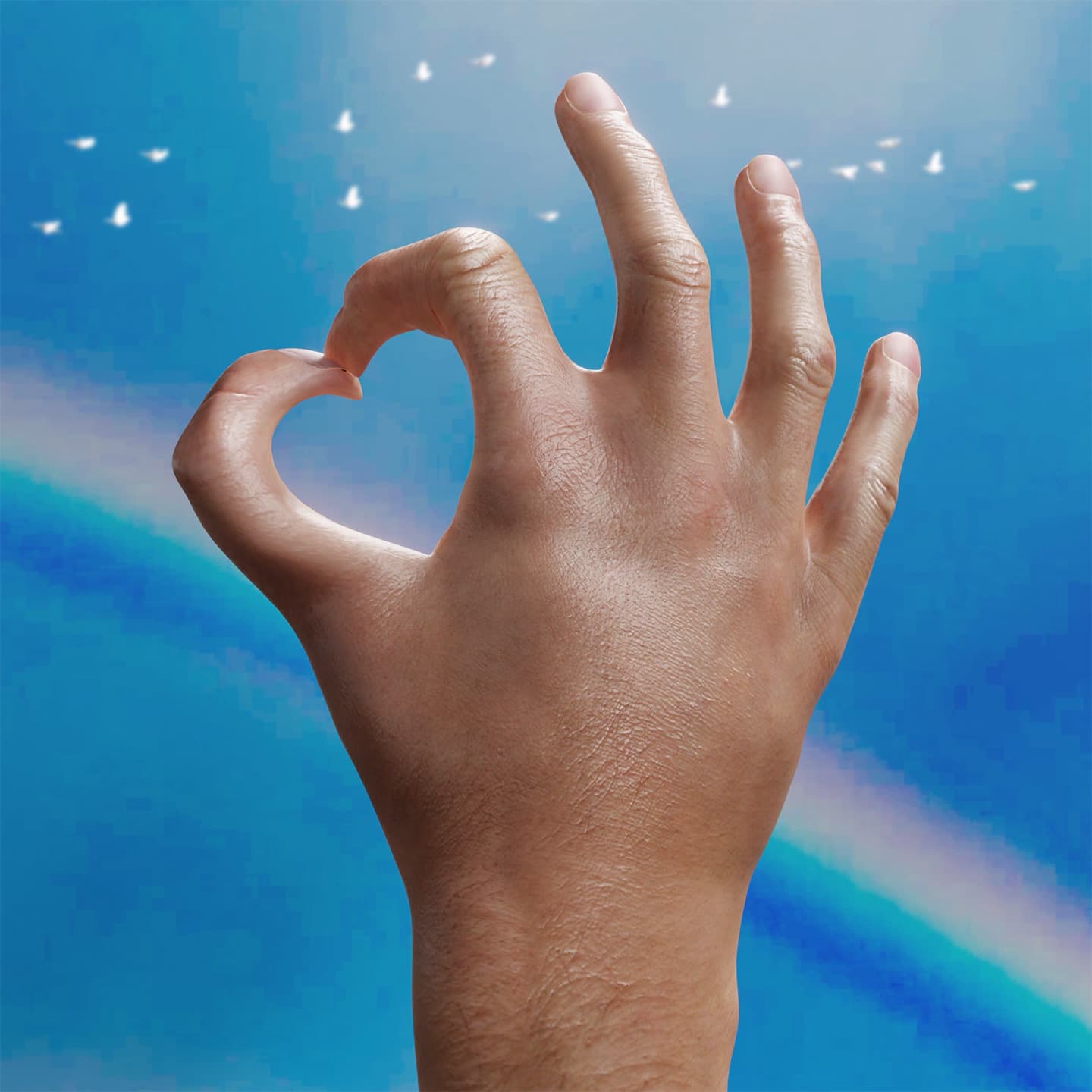 CGI image of a hand showing a heart sign with a rainbow background