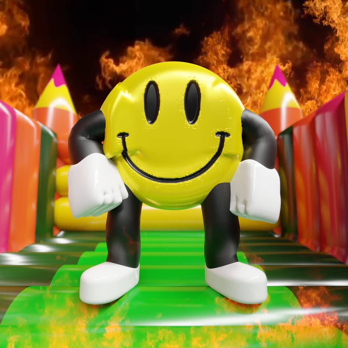 CGI image close-up of a smiley faced character sitting in an inflatable castle surrounded by flames