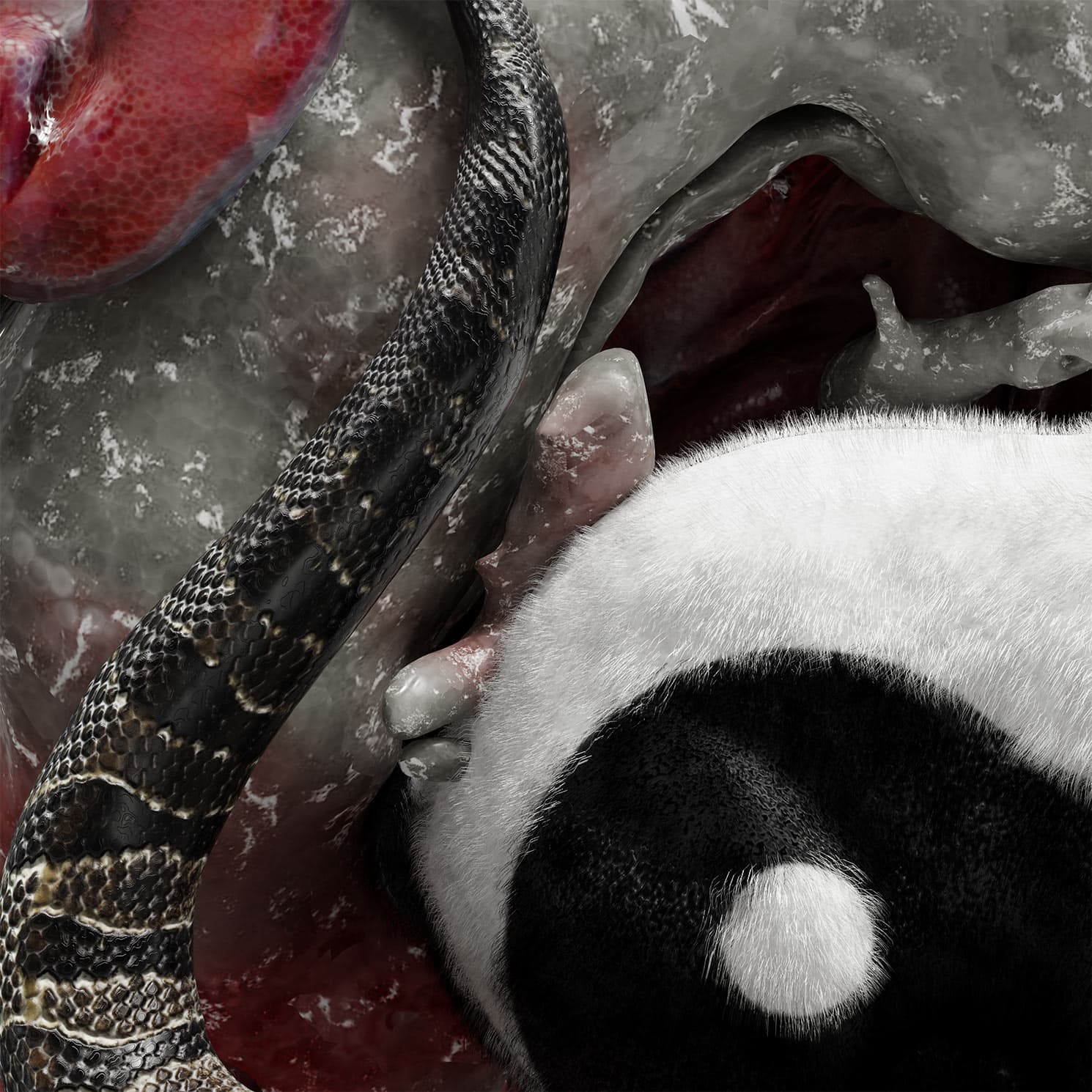 CGI close-up image of a snake tail next to a ying-yang themed rabbit tail
