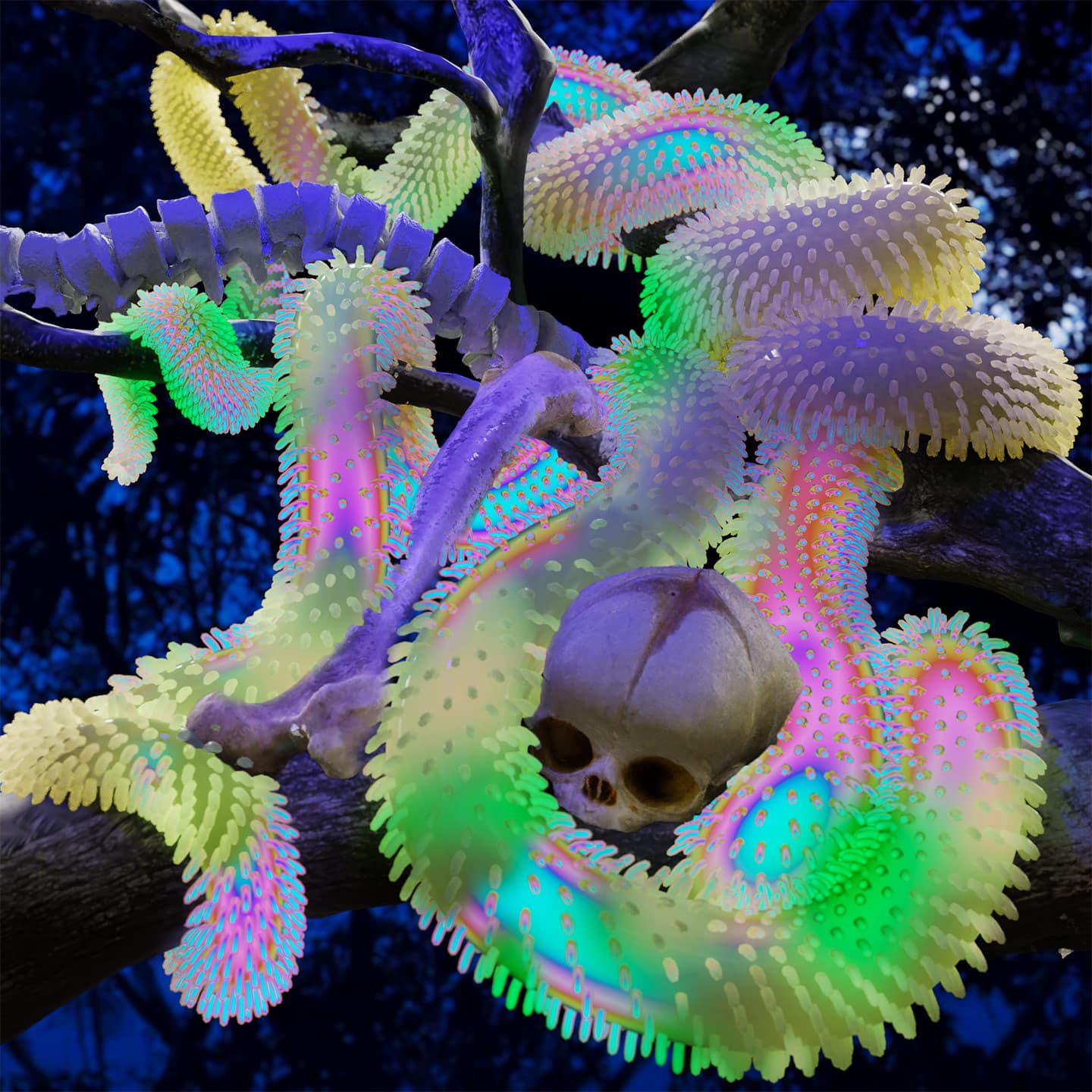 CGI image of a magic rubber snake coiling on a tree branch with skulls