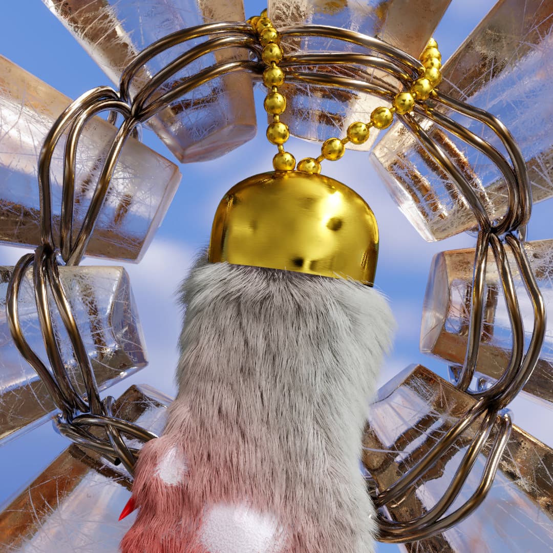 CGI close-up image of a crystal medallion with a hanging lucky rabbit paw