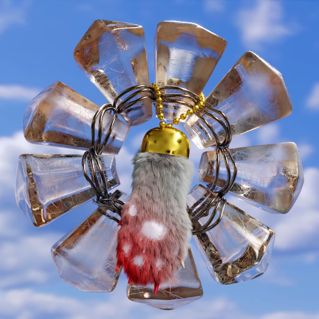 CGI image of a crystal medallion with a hanging lucky rabbit paw