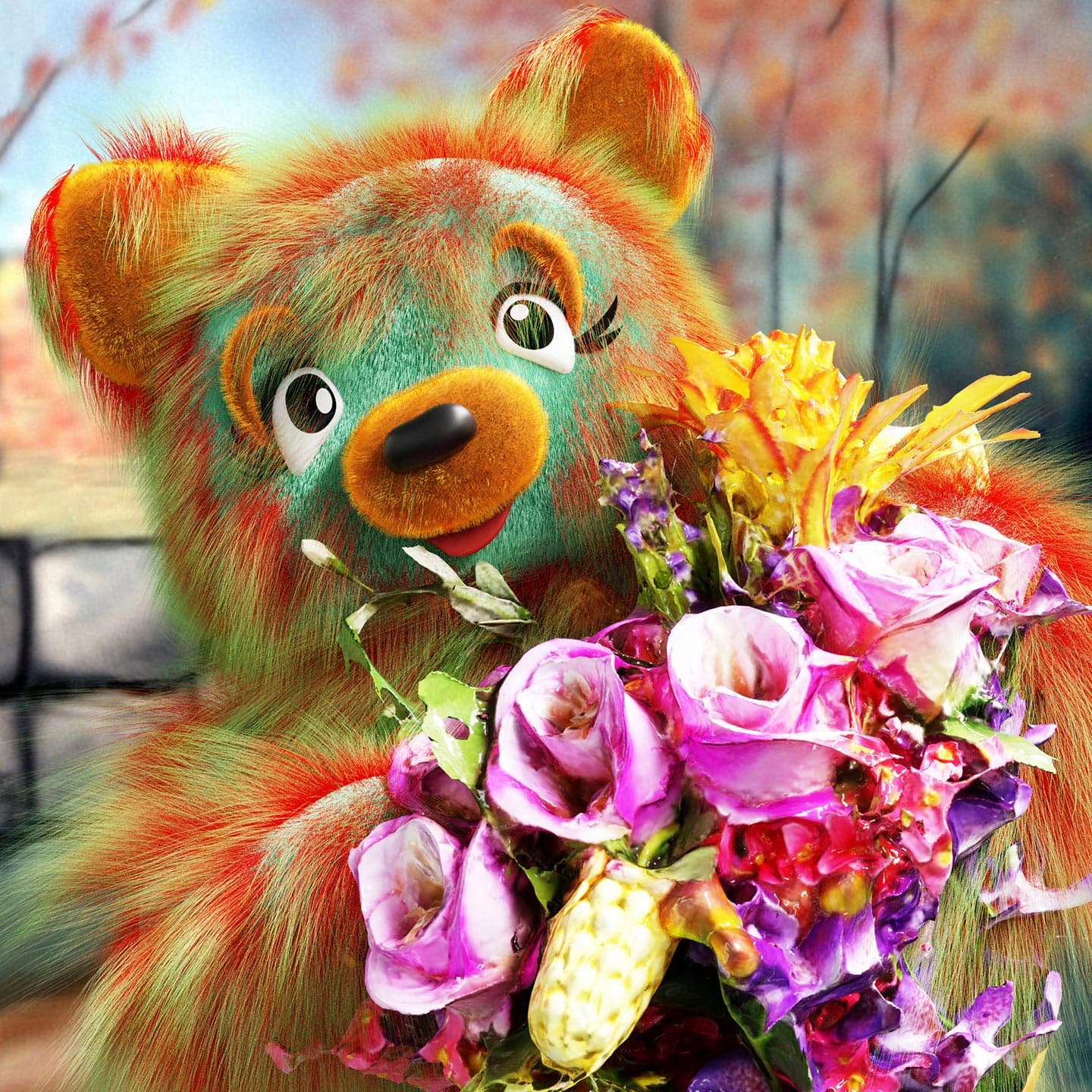 CGI image of a plush teddy bear holding a bouquet of flowers