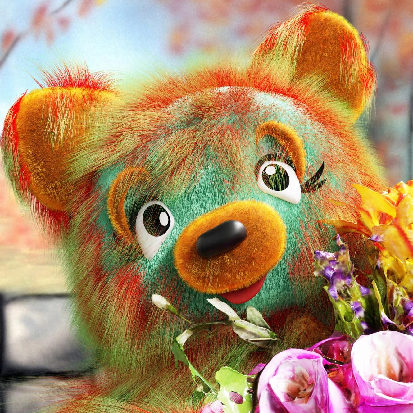 CGI image close-up of a teddy bear head