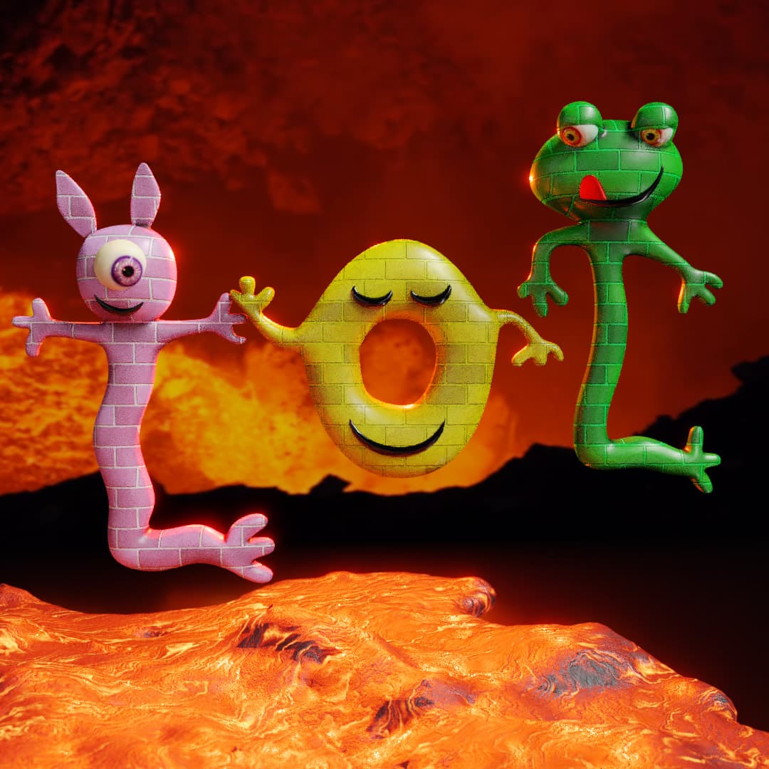 CGI image of characters spelling L.O.L. in an underground lava chamber