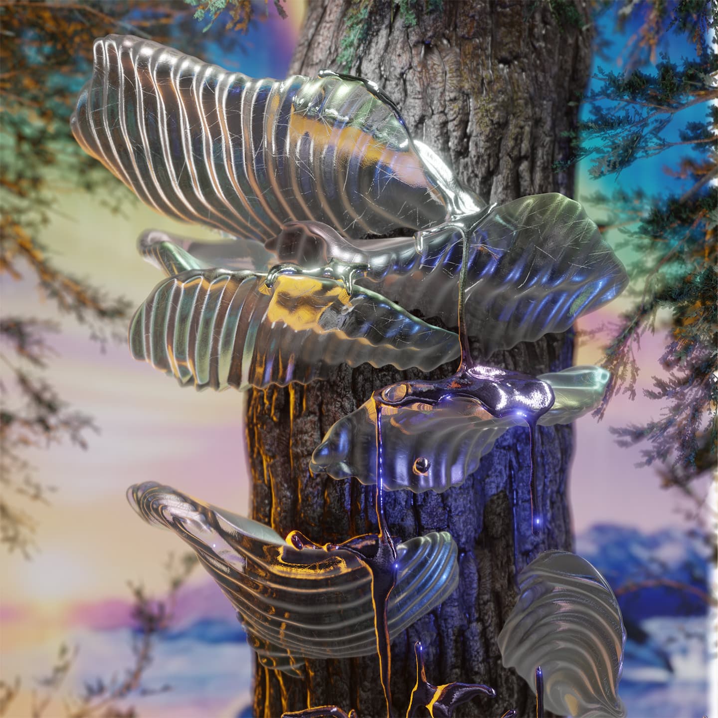 CGI image of glass mushrooms on tree trunk
