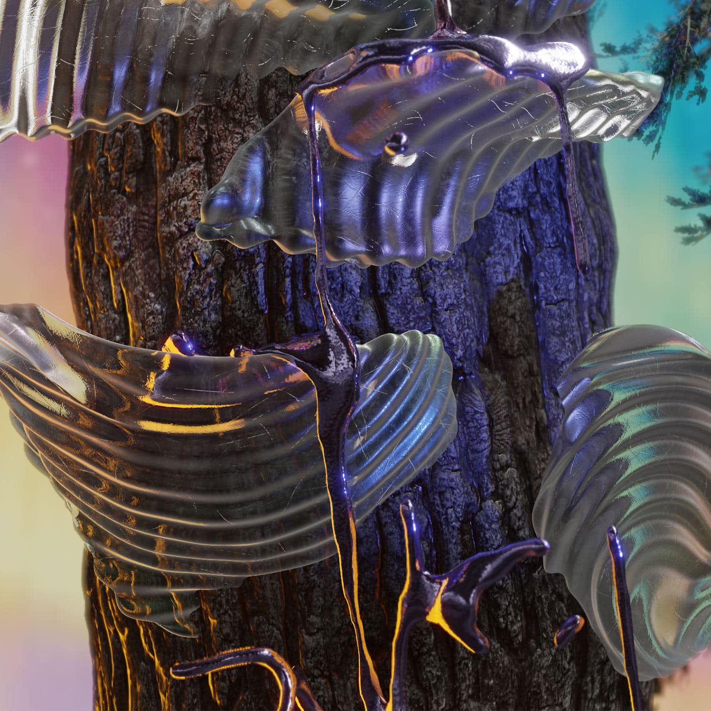Close-up CGI image of glass mushrooms on tree trunk
