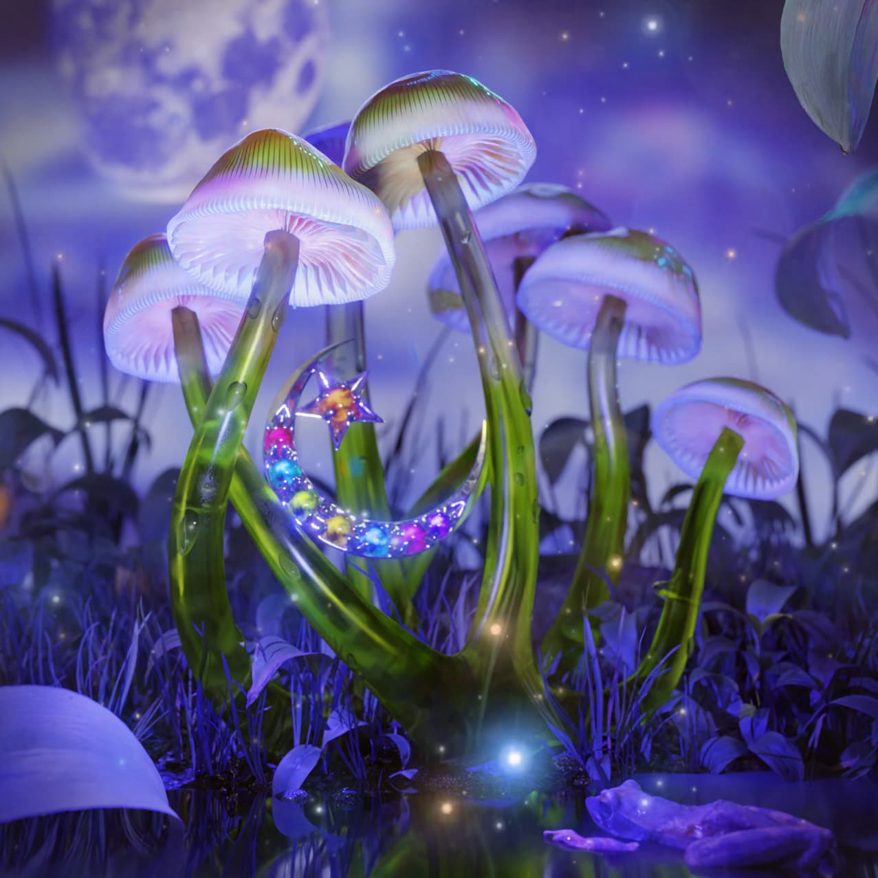 CGI image of mushrooms and moon shaped charm