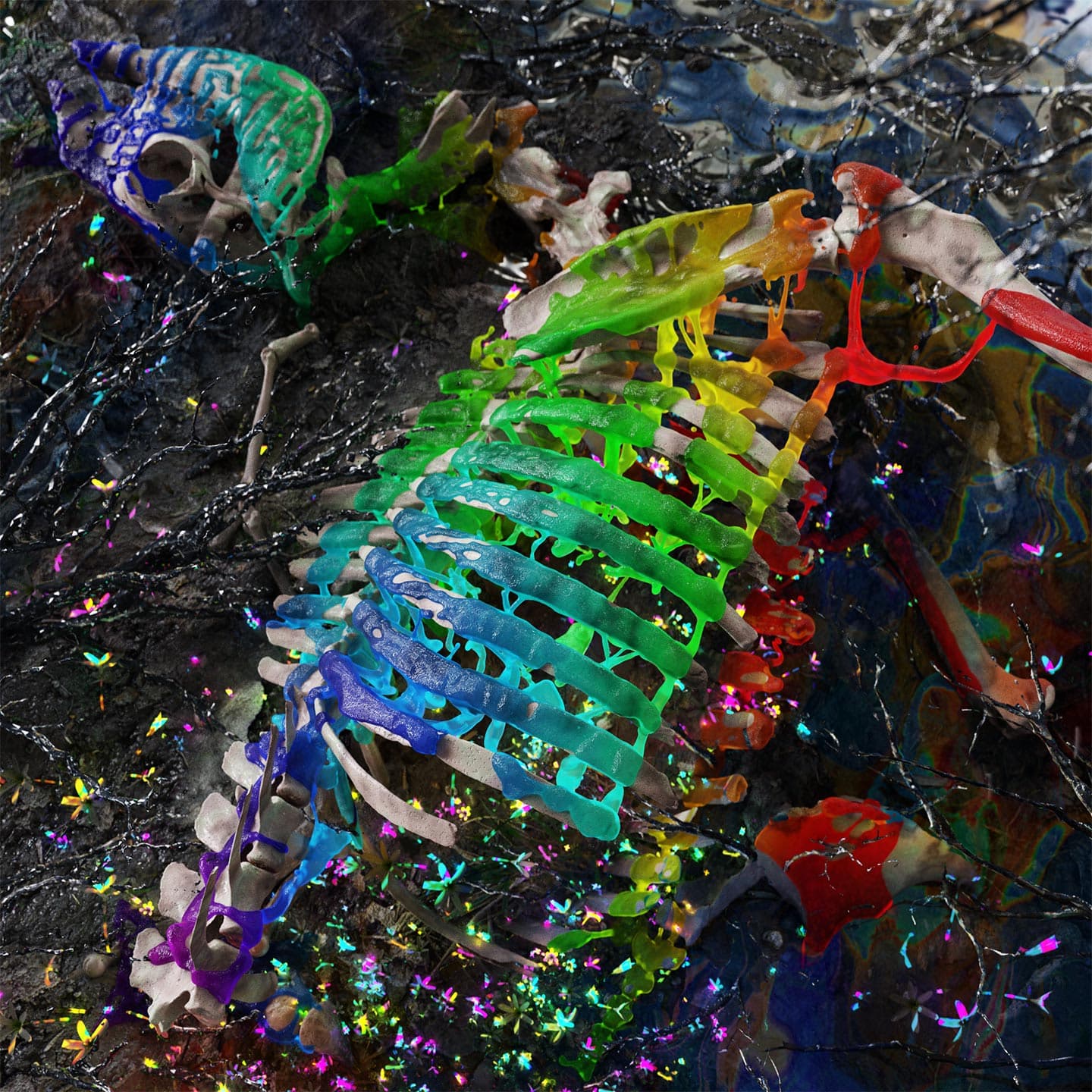 CGI image of a ribcage with rainbow colors liquid simulation