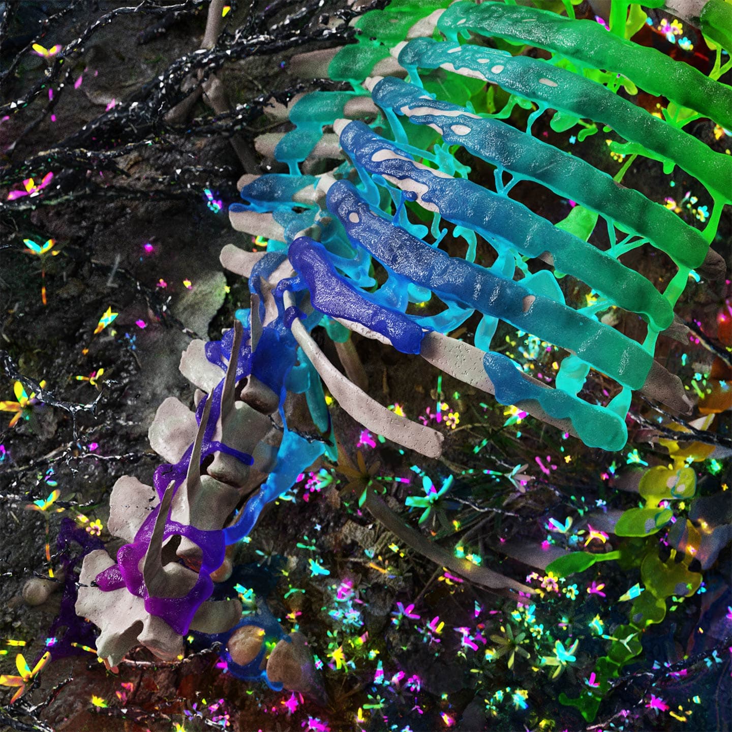 Close-up of CGI image of a ribcage with rainbow colors liquid simulation 
