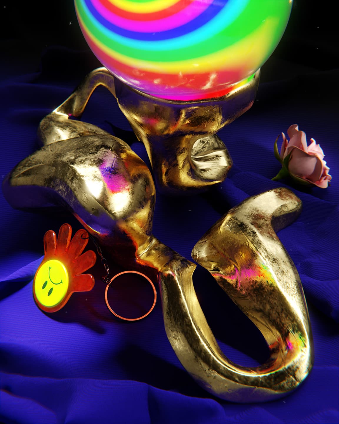 CGI detail image of a crystal ball, keyring and pink rose
