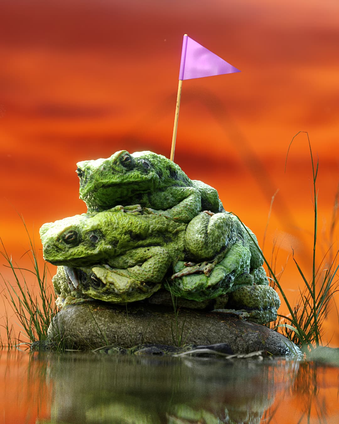 CGI image of a pile of frogs with a flag